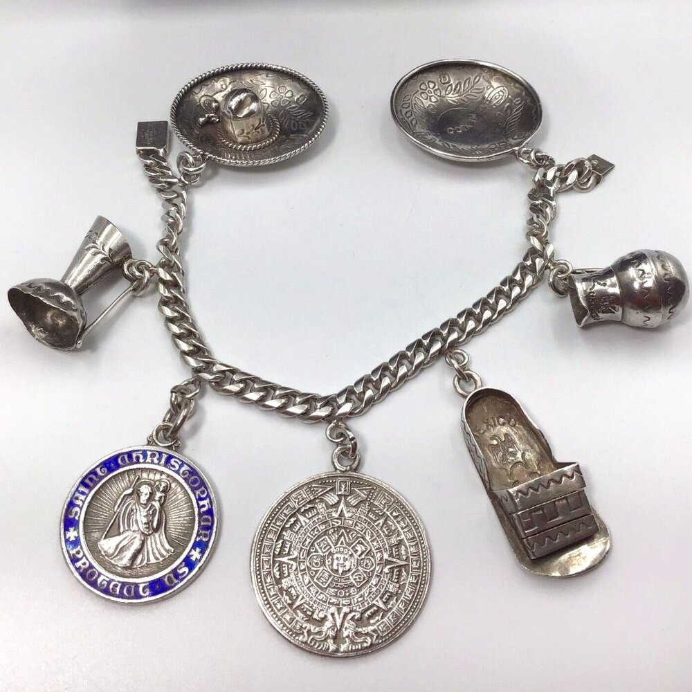 Sterling Silver Vintage Mexican Charm Bracelet 51.5 Grams Size 6.75”